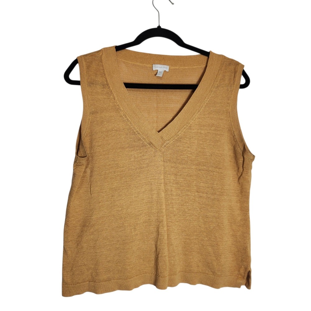 Garnet Hill Womens Large V-Neck 100% Linen Sweater Vest Golden Tan Mustard